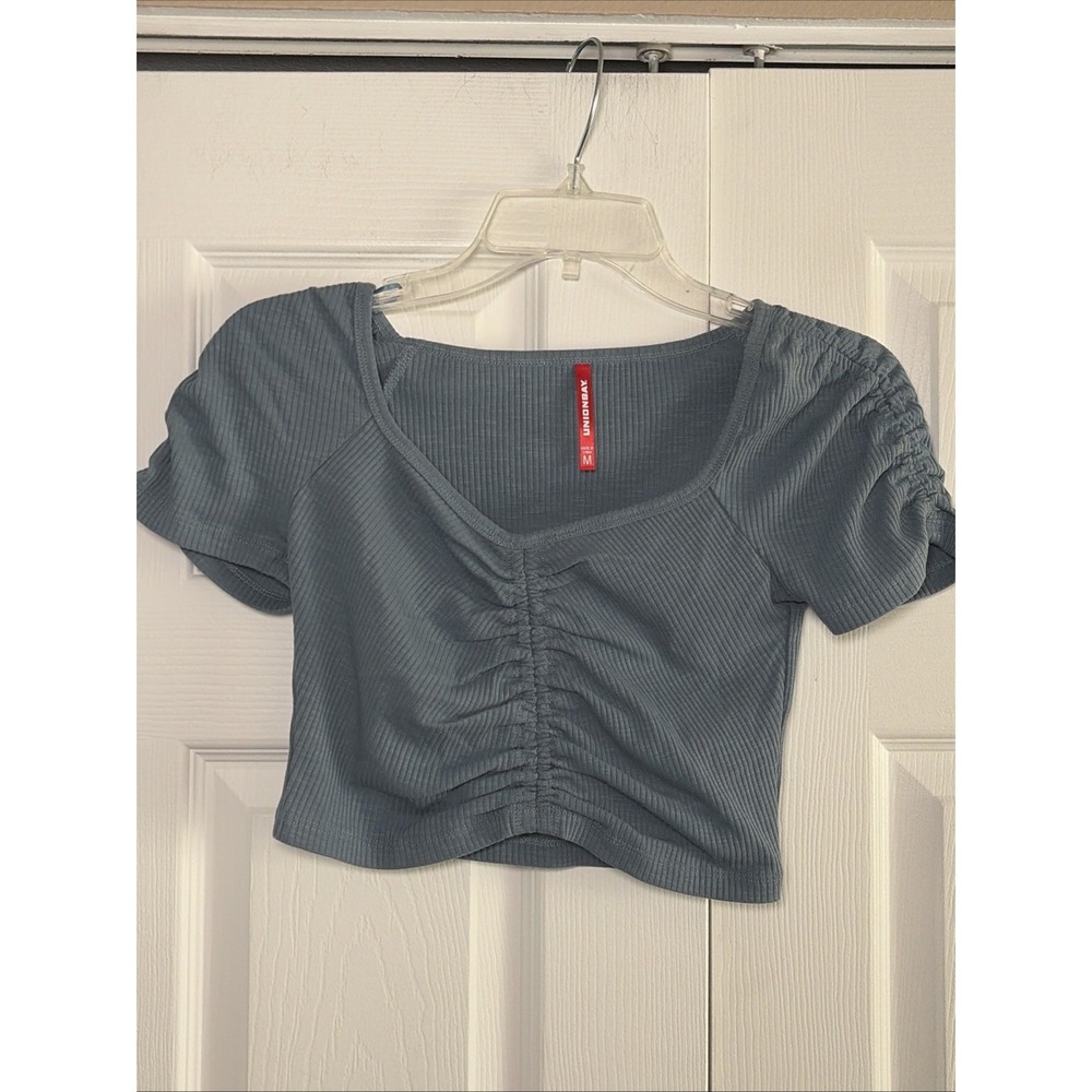 Unionbay Ruched Ribbed Crop Top Womens Size M Blue Y2K Sweetheart Baby Tee Short